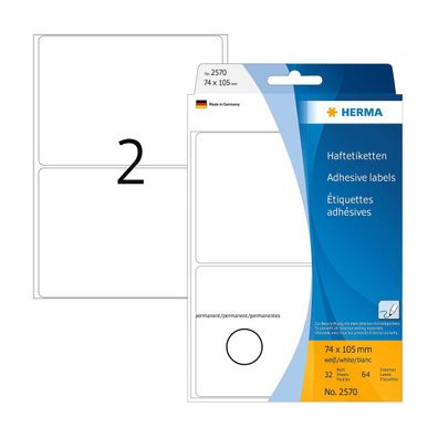 HERMA Vielzweck-Etiketten weiß universell 74x105mm 64 Stück (Gr. 74x105mm 64 Stück)