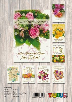 Geburtstagskarten Blumen - 50 Stück - 8 Motive