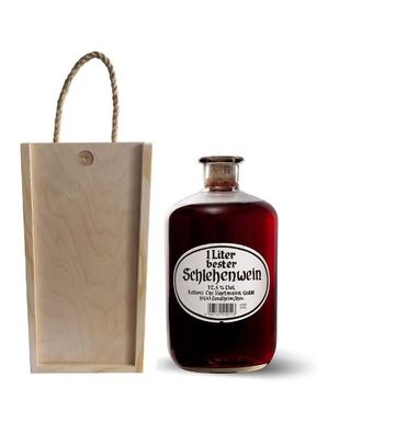 Geschenk Apothekerflasche Fruchtwein Schlehenwein mit Holzbox und Tragekordel