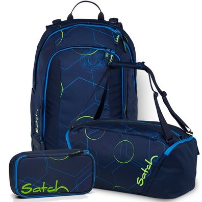 satch Set aus air + Sporttasche + Schlamperbox 26, Blue Tech, Mädchen & Jungen