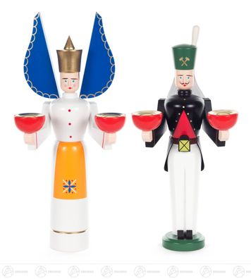 Engel &amp; Bergmann (orangene Schürze/blaue Flügel) für Kerzen 10,5 cmx24,5 cmx7,5