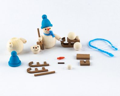 Bastelsatz Schneemann mit Schlitten blau 6cm Kufenmann Rodelspur Schneekufe Kufe