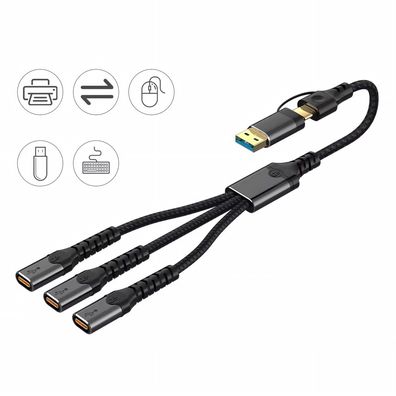 N35C USB-A & USB-C zu 3x USB-C Hub Kabel 34cm Adapter PC Laptop Tablet Handy OTG