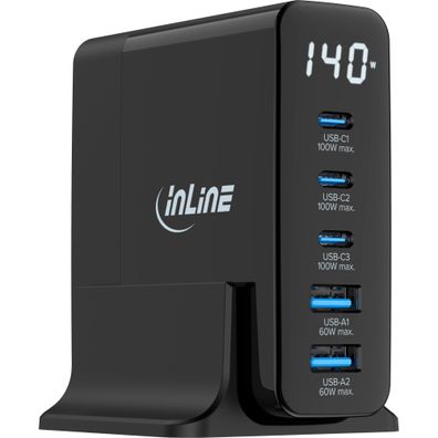 InLine USB PD Netzteil - GaN Ladegerät - 5-Port - USB-C + USB-A - 140W - mit Display