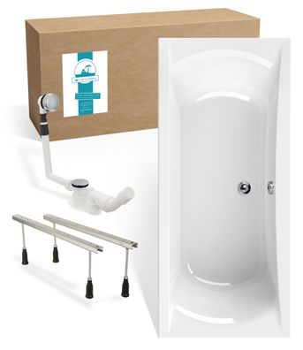 Calmwaters Duobadewanne Modern Curved Komplett-Set, 180 x 80 cm, Wannenfüße, Ablauf