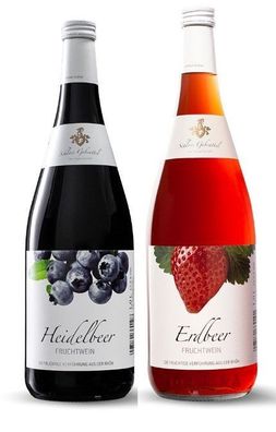 Geschenk 2x Fruchtwein Heidelbeer und Erdbeere 1 Liter Flasche