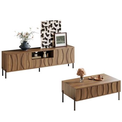Couchtisch TV-Ständer Set Massivholz Wellenmuster Wohnzimmer