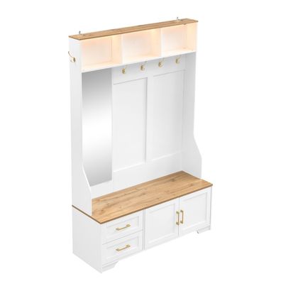 Flur- & Schuhschrank Garderobe mit LED Spiegel Haken Stauraum Sitzbank