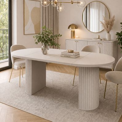 Runder Ausziehtisch Lamellio 100-188 cm Sandbeige Design Lamellenfuß