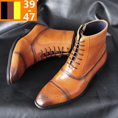 Herren Leder Brogue Stiefel Spitz Schnurstiefeletten Casual Hochzeitsschuhe