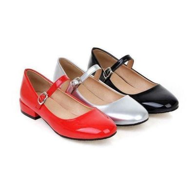 Damen Casual Lackleder Mary Janes Reine Farben Knochelriemen Pumps Schuhe B95