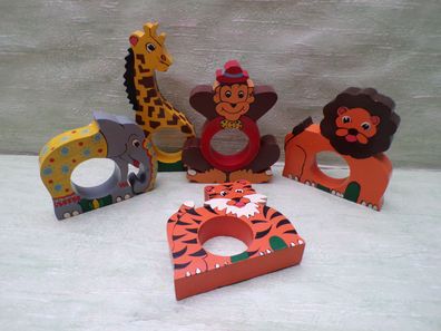 5 Serviettenringe massiv Holz handbemalt Tiere Giraffe Affe Elefant Löwe Tiger