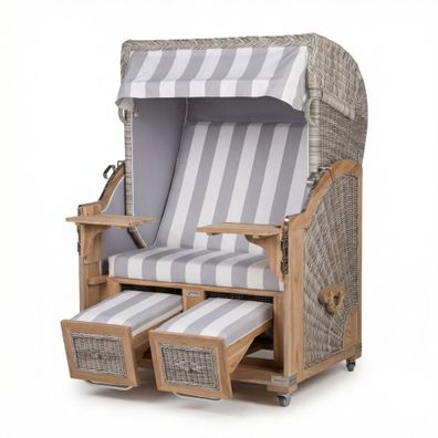 Strandkorb Teak white washed, grau / weiß PVC, 2 Sitzer Voll-Liegemodell