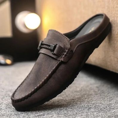 Herren Kunstleder Slip-On lassige halbe Hausschuhe atmungsaktive Sommerschuhe