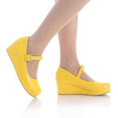 Damen Mary Jane Lolita Pumps Lackleder schlicht Keilabsatz Runde Zehenschuhe