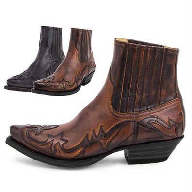 Herrenmode Spitzschuh High Heel bestickte Western Cowboystiefel Schuhe