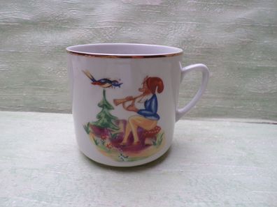 alter Henkelbecher Tasse Lubiana Zwerg Flöte Vogel Goldrand Porzellan