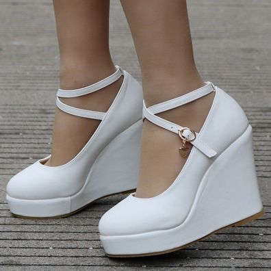 Damen Rund Keil Party Pumps Knochel Kreuz Riemen Plateau Braut Schuhe Heels Neu