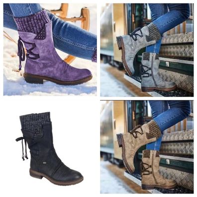 Damen Schlupfstiefel Stiefeletten Schnur Boots Winterschuhe Warm Schneestiefel
