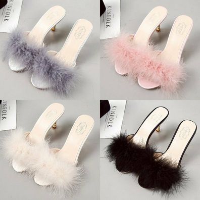High Heels Damen Pelz Trim Spitz Brief auf Pumps Sandalen Mules Hausschuhe