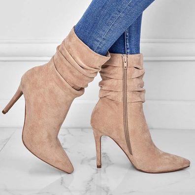 Damen Pumps Spitze Stiefeletten Stilettoabsatz Reibverschluss High Heels Schuhe