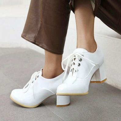 Retro Damen High Heel Pumps Blockabsatz Schnurung Schuhe Lackleder Party Prom