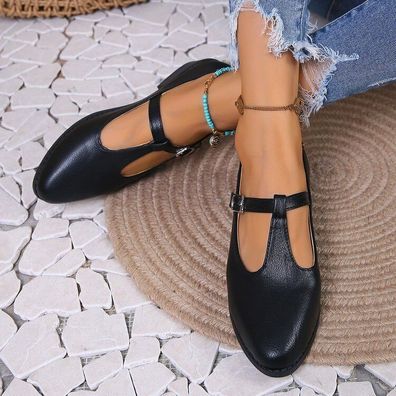 Frauen Knochelriemen T Strap Flats Mary Jane College Pumps Schuhe Low Heels