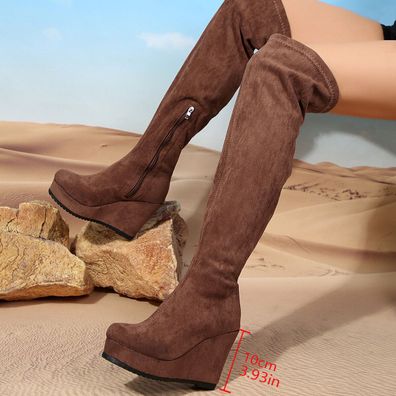 Damen Keilabsatz Plateau Schenkelhoch Stiefel Reibverschluss High Heels Schuhe