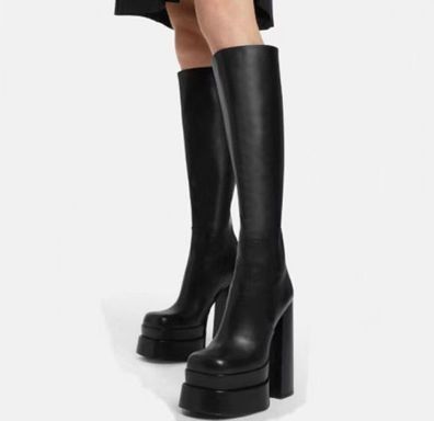 Damen Nachtclub Kniehoch Stiefel Blockabsatz Plateau High Heels Pumps Schuhe