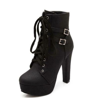 Damen Blockabsatz Plateau Riemen Schnalle Schnurung Pumps Stiefeletten Schuhe