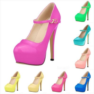 Damen Knochel Riemchen High Heel Plateau Stilettoabsatz Lackleder Schuhe Pumps