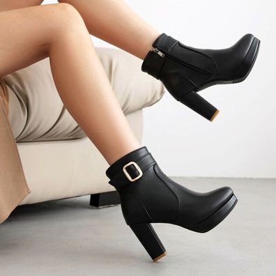 Damen Blockabsatz Stiefeletten Gothic Schnalle Reibverschluss Plateau Schuhe