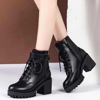 Damen Stiefeletten Blockabsatz Plateau Reibverschluss Schnurung Schnalle Schuhe