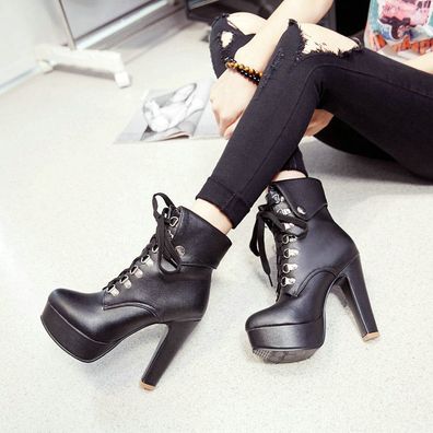 Damen Stiefel Blockabsatz Schnurung High Heels Pumps Schuhe Party Stiefeletten