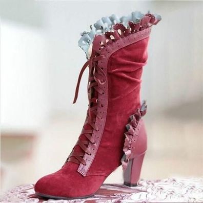 Frauen Stiefeletten Steampunk Lace Up High Heel Rustikale Schuhe Viktorianische