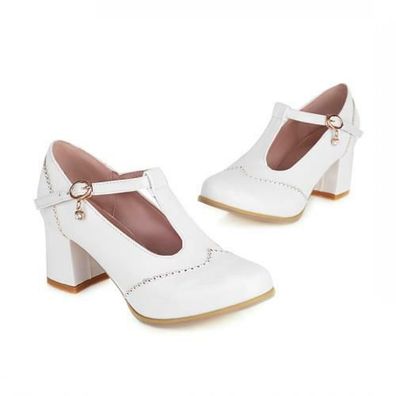 Damen Blockabsatz Mary Jane Lolita Pumps Knochelriemen Riemen Schnalle Schuhe