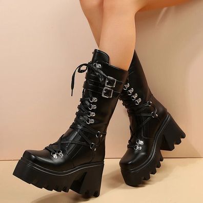 Punk Motorcycle Damen Stiefeletten Blockabsatz Plateau Reibverschluss Schuhe