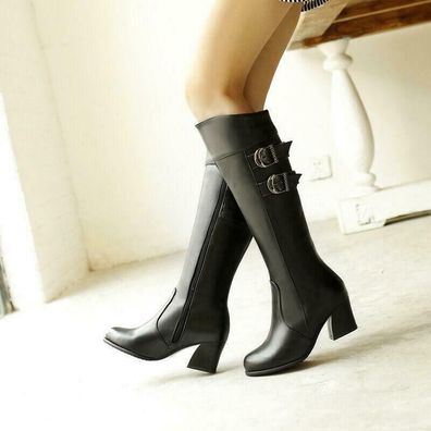 Damen Kniehoch Stiefel Blockabsatz Biker Schuhe Pumps Party Riemen Schnalle