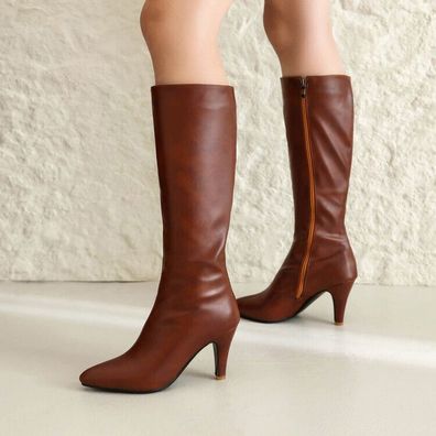 Damen Spitz Stilettoabsatz Reibverschluss Schuhe High Heel Pump Kniehohe Stiefel