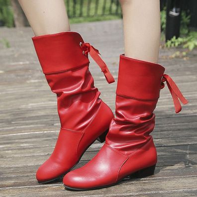 Damen Mid Calf High Boots Schlupf Slouch Falten Flach schuhe Stiefeletten