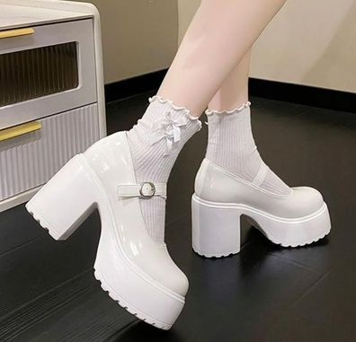 Damen Sandalen Blockabsatz Plateau Mary Jane Strap Punk Pump Knochelriemen Schuh