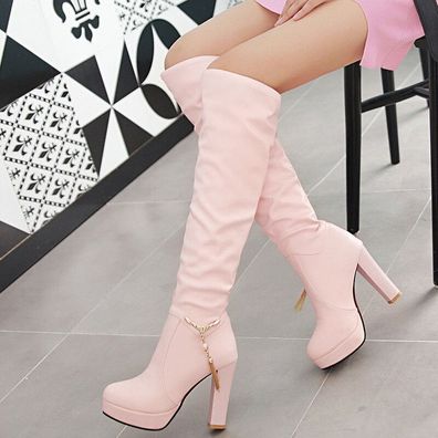 Damen Pumps Blockabsatz Plateau Kniehoch Stiefel High Heels Schuhe Sexy Party