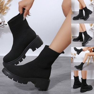 Damen Stiefeletten Stiefel Blockabsatz Strecken Sock Schlupf Schuhe Plateau