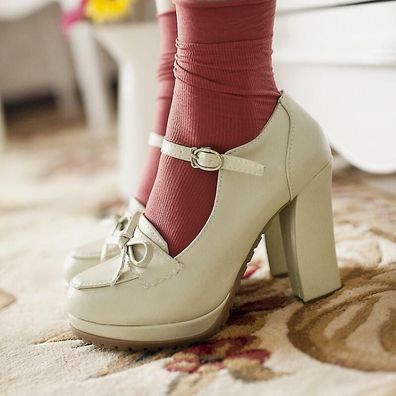 Lolita Bowknot Mary Janes Damen Blockabsatz Plateau Knochelriemen Pumps Schuhe