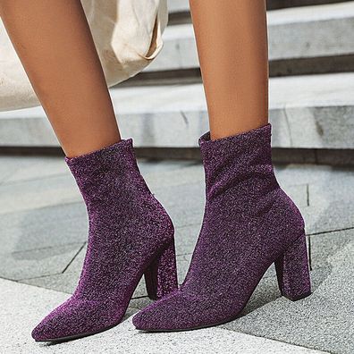 Damen Stiefeletten Stiefel Spitz Blockabsatz Strecken Pumps High Heels Schuhe