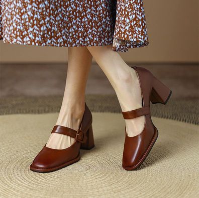 Frauen Block High Heel Square Toe Mary Jane Schuhe Schnalle Strap Pump Kleid