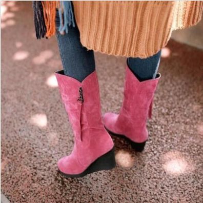 Damen Stiefeletten Biker Wadenlange Stiefel Falten Keilabsatz Plateau Schuhe