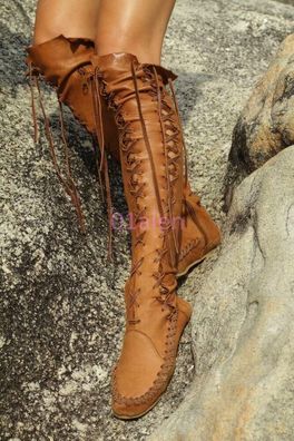 Damen Roma High Stiefel Vintage Schnurung Over The Knee Mokassins Flats Schuhe