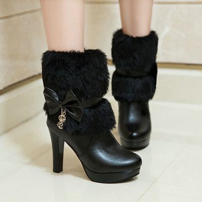 Damen Winter Warm Pelz Futter High Heels Stiefeletten Plattform Outdoor Schuhe