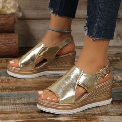 Damen Keilabsatz Plateau Schnalle Sommer Pumps Peep Toe Slingback Schuhe
